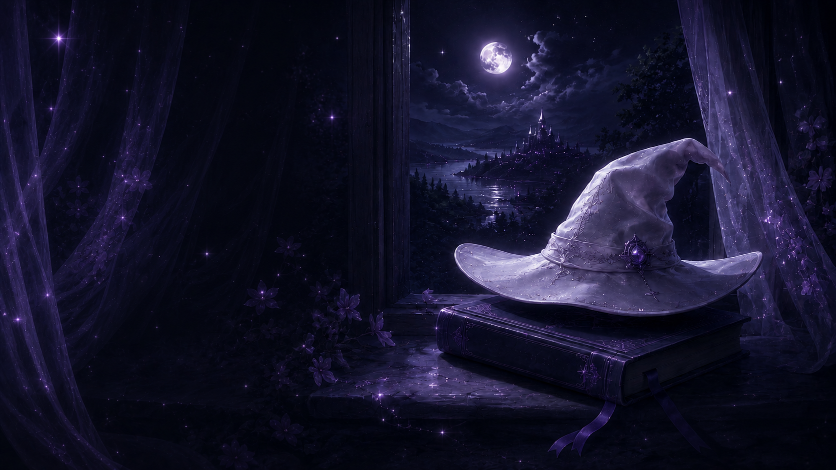 Un chapeau de sorcier posé sur un grimoire lumineux, sous la lune — l’univers de Vael.